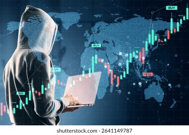 Person in hoodie using computer with forex trading chart overlay, digital style, dark background. Concept of financial data and hacker activity