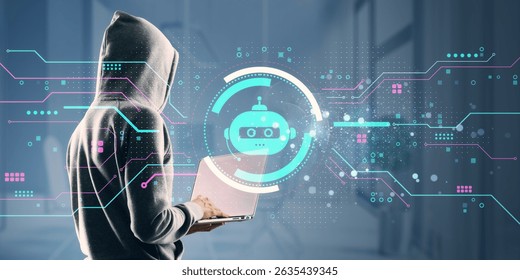 Person in hoodie using laptop with digital bot interface and circuit elements on blurred office background, concept of cybercrime and hacking threat