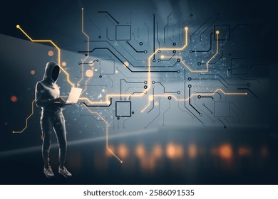 Person in hoodie using a laptop surrounded by glowing digital circuit lines on a dark background. Concept of hacking, technology, and cyberspace
