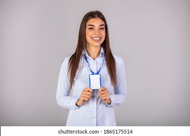 Person Identity Label. Women In Shirt Uniform With Empty Id Card Mock Up. Bussinesswoman Pass Design. Woman Wear Blank White Horizontal Badge Mockup