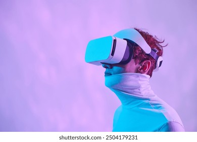 Person immersed in virtual reality while wearing modern VR headset, against vibrant backdrop. Engaging in a futuristic experience, exploring new dimensions