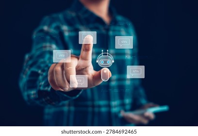 Person interacting with AI chatbot interface on smartphone for virtual assistant communication, automated customer support, conversational AI, machine learning, and digital technology solutions.