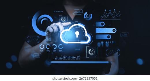 Person interacting with cloud data storage icons and analytics in a digital style on dark background, concept of secure online network storage