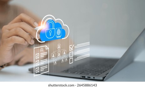 A person interacting with a cloud security system featuring a fingerprint ID, lock icon, and digital file structure. Concept of cloud security, identity verification, and data protection.