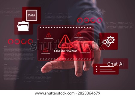 Person interacting with a cybersecurity warning interface showing AI system hacked alert, representing cyberattack, ransomware, data breach, artificial intelligence security, digital risk protection.