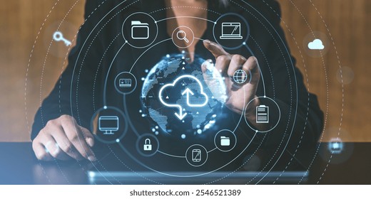 Person interacting with digital cloud interface, futuristic style, on a blurred background, concept of online data management