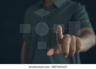 Person interacting with digital flowchart interface, representing business process management, workflow automation, system planning, decision making, process optimization, and digital transformation.