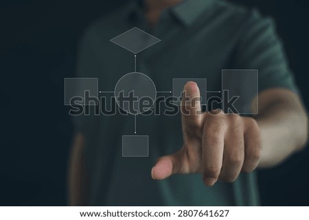 Person interacting with digital flowchart interface, representing business process management, workflow automation, system planning, decision making, process optimization, and digital transformation.