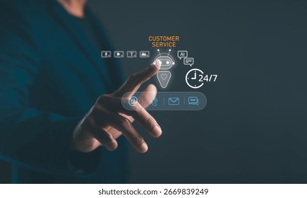 A person interacting with a digital interface, emphasizing customer service and accessibility,