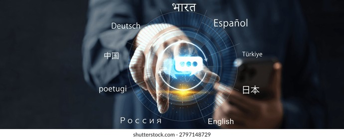 A person interacting with a digital interface showcasing diverse global languages and communication technology, representing artificial intelligence, translation services, and worldwide connectivity