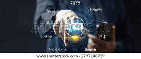 A person interacting with a digital interface showcasing diverse global languages and communication technology, representing artificial intelligence, translation services, and worldwide connectivity