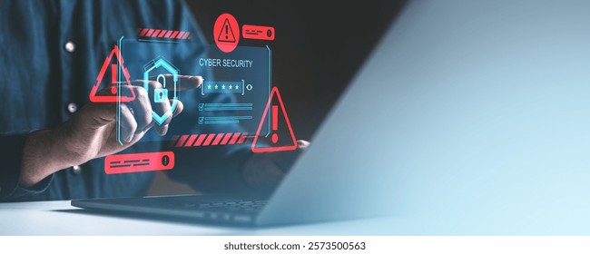 Person interacting with a digital padlock interface, featuring warnings and alerts, against a gradient background. Cybersecurity concept