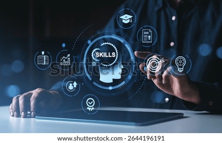 A person interacting with digital skill development icons, futuristic graphic style, displayed over a dark background, concept of education and growth
