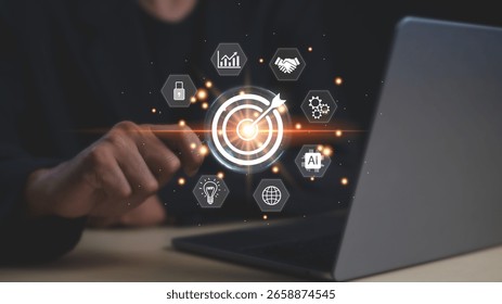 A person interacting with a digital target interface symbolizing business strategy and artificial intelligence on a laptop.