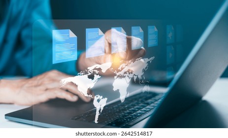 Person interacting with floating digital documents and a world map overlay, symbolizing global data sharing, online information management and business communication through secure digital technology