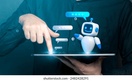 Person interacting with a friendly AI chatbot on a tablet, showcasing modern technology and artificial intelligence communication. - Powered by Shutterstock