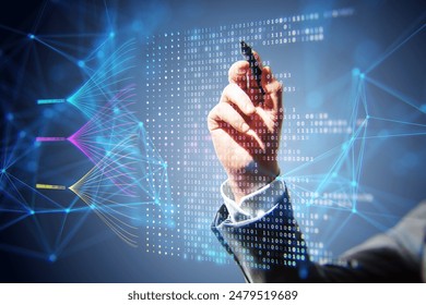 A person interacting with a futuristic holographic interface featuring digital data and connections on a blue background, showcasing technology concept