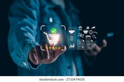 person is interacting with a futuristic interface, touching a shopping cart icon. The visual symbolizes e-commerce, digital shopping, and modern consumer experiences.