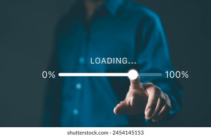 Person interacting with a futuristic loading progress bar interface, depicting data processing or software installation. Digital loading bar progress from 0 to 100 percent, information download, - Powered by Shutterstock