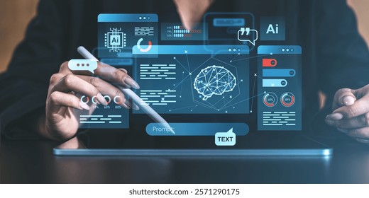 Person interacting with holographic AI interface, data charts, neural network, and analytics, concept of technology and innovation