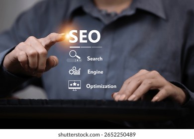 Person interacting with SEO interface on transparent touchscreen with icons for search, analytics, ranking and website optimization.