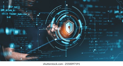 A person interacts with a cybersecurity interface featuring a shield icon and coding elements on a dark background, representing data protection