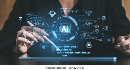 Person interacts with digital AI hologram using tablet stylus, futuristic tech interface, dark background, concept of innovation - Powered by Shutterstock