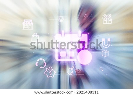 A person interacts with a digital calendar while shopping in a store. Various icons for gifts, shopping, and services appear around them. The scene shows activity and engagement.