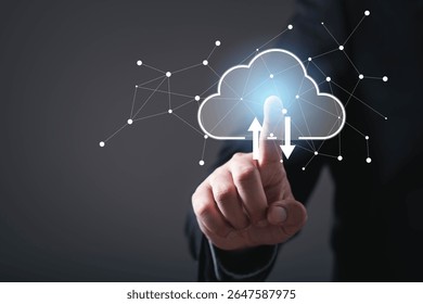 A person interacts with a digital cloud interface, symbolizing data transfer and connectivity in a modern technological environment.