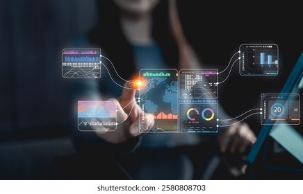 A person interacts with digital data visualizations, showcasing graphs and charts in a modern, tech-driven environment.