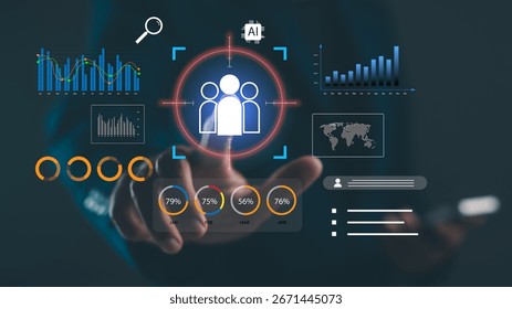 A person interacts with digital data visualizations, including graphs and metrics, suggesting analytics and technology in a corporate environment.
