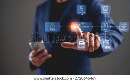 A person interacts with a digital interface, demonstrating features like input, analysis, and chatbot functions, emphasizing technology and communication.