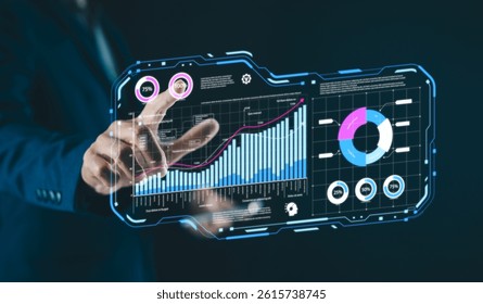 A person interacts with a digital interface displaying graphs and charts, illustrating data analysis and technology advancements.