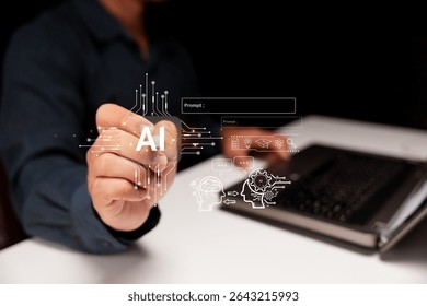 A person interacts with a digital interface displaying AI technology icons and circuit designs, symbolizing artificial intelligence and innovation. - Powered by Shutterstock - Get 15% off with code: PIKWIZARD15