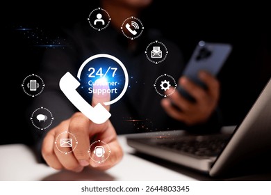 A person interacts with a digital interface displaying customer support icons while using a smartphone and laptop.