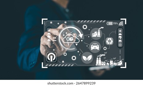 A person interacts with a digital interface displaying icons related to carbon emissions, recycling, eco-friendly energy, and sustainability.