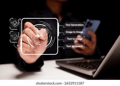 A person interacts with a digital interface displaying AI language model features like text generation, image to image, text to image, and text to speech.
