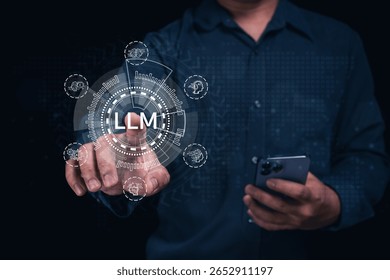 A person interacts with a digital interface displaying "LLM" surrounded by AI and technology icons, symbolizing artificial intelligence and machine learning concepts.
