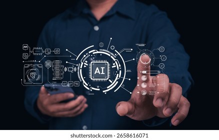 A person interacts with a digital interface displaying AI and futuristic technology icons, symbolizing innovation and artificial intelligence.
