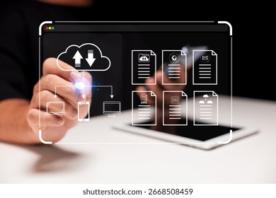 A person interacts with a digital interface displaying cloud storage and document icons, emphasizing technology and data management.
