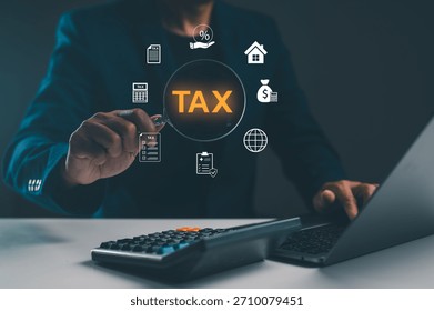 A person interacts with a digital interface displaying tax-related icons, emphasizing financial management and accounting.