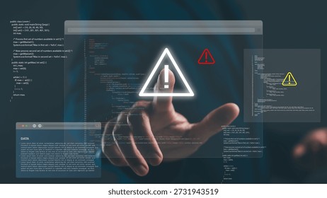A person interacts with a digital interface displaying warning signs and code, highlighting themes of cybersecurity and technology.