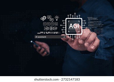 A person interacts with a digital interface, displaying elements related to artificial intelligence and technology.