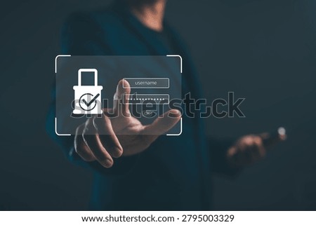 A person interacts with a digital interface displaying a secure login form featuring a password field and a verified lock icon.