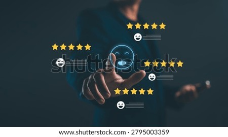 A person interacts with a digital interface displaying multiple star ratings and smiley face reviews in a futuristic, dark setting.