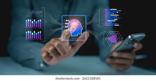 A person interacts with a digital interface featuring AI, data analytics, and charts on a touchscreen while holding a smartphone