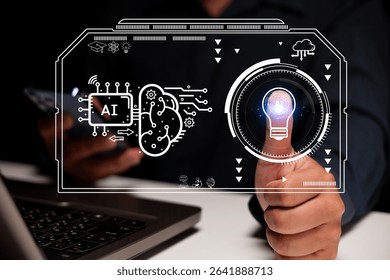A person interacts with a digital interface featuring AI, circuitry, and a glowing lightbulb symbolizing innovation and artificial intelligence technology. - Powered by Shutterstock - Get 15% off with code: PIKWIZARD15