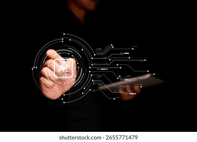 A person interacts with a digital interface featuring an AI chip icon, symbolizing artificial intelligence and advanced technology integration.
