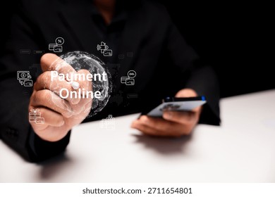 A person interacts with a digital interface highlighting online payment, showcasing modern technology and e-commerce.