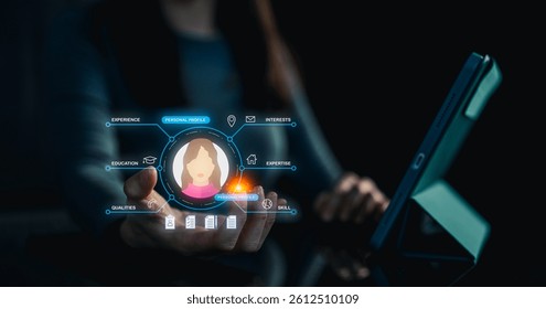 A person interacts with a digital interface showcasing personal health data and skills, emphasizing technology's role in health management.